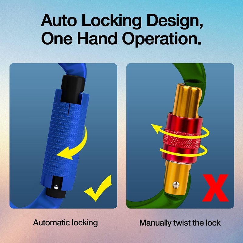 FVW Auto Locking Rock Climbing Carabiner Clips,Professional 25KN (5620 lbs) Heavy Duty Caribeaners for Rappelling Swing Rescue & Gym etc, Large D-Shaped Carabiners - Image 3